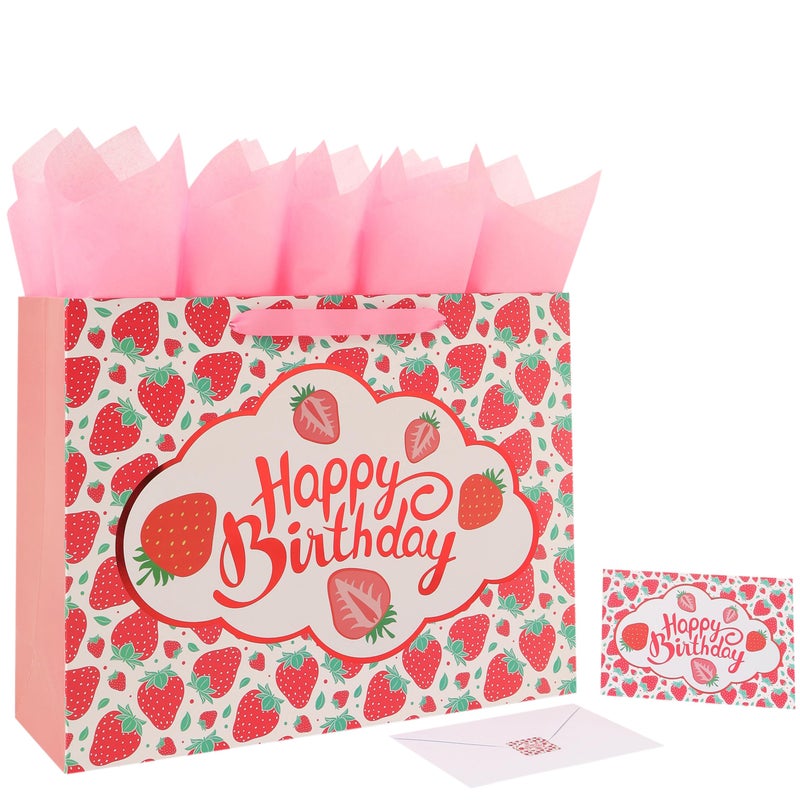 wishinside 16.5 Inch Extra Large Strawberry Gift Bags Set with Handles, Greeting Card, Tissue Paper and Stickers for Girls, Kids, Teens, Women, Fruit Birthday Design, 1 Piece - Image 1