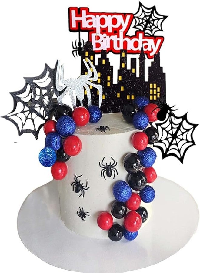 Qoadwem Spider Cake Topper, Spider Web Cake Decorations Spiders Theme Cake Decor Glitter Happy Birthday Toppers Red Black Blue Balls Cupcake Topper for Boys Men Baby Shower Party Supplies - Image 1