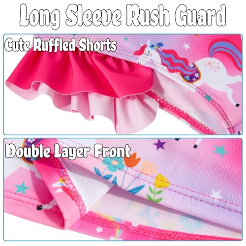 swimsobo Girl Unicorn Rash Guard Swimsuit for Kids Size 5-6 Years Red Tankini Sets Sun Protect Bathing Suit 3 Pieces Long Sleeve Child Swimwear - Image 4