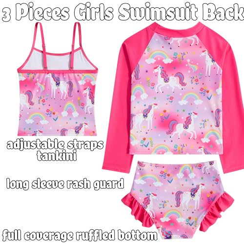 swimsobo Girl Unicorn Rash Guard Swimsuit for Kids Size 5-6 Years Red Tankini Sets Sun Protect Bathing Suit 3 Pieces Long Sleeve Child Swimwear - Image 5