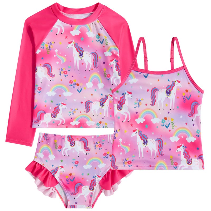 swimsobo Girl Unicorn Rash Guard Swimsuit for Kids Size 5-6 Years Red Tankini Sets Sun Protect Bathing Suit 3 Pieces Long Sleeve Child Swimwear - Image 2