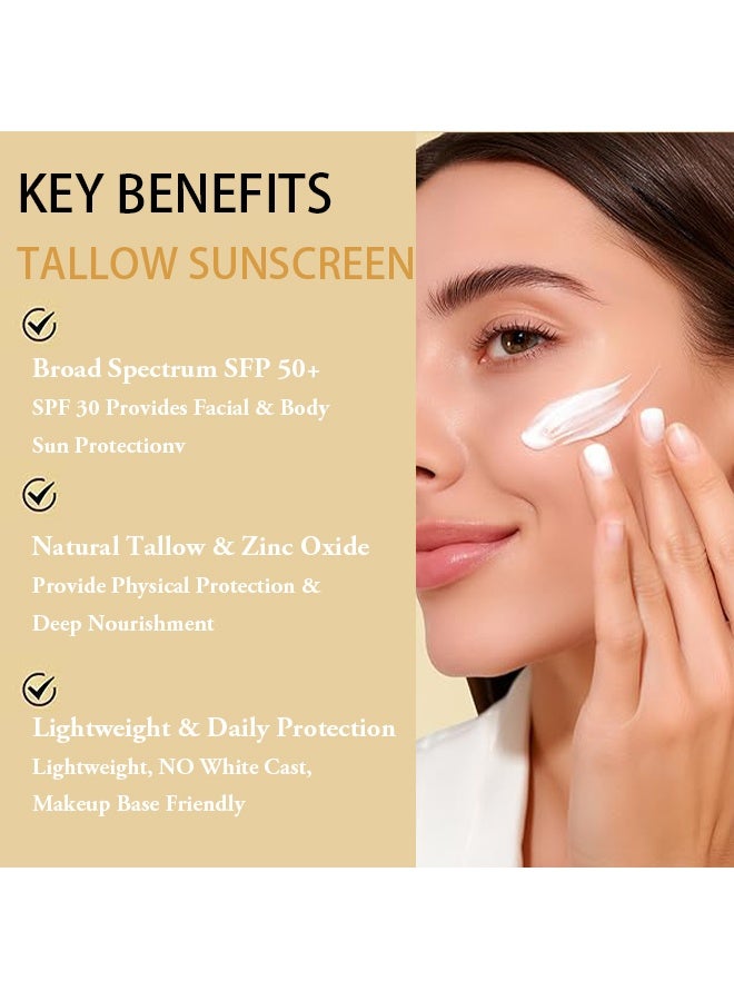 OUHOE Face & Body Suncreen,Natural Mineral Sunscreen SPF 50 - Natural Tallow & Zinc Oxide, Beef Tallow Sunscreen for Face & Body SPF 50, Moisturizing Hydrating, No Sticky, NO White Cast - Dry Oily Skincare 80g - Image 4