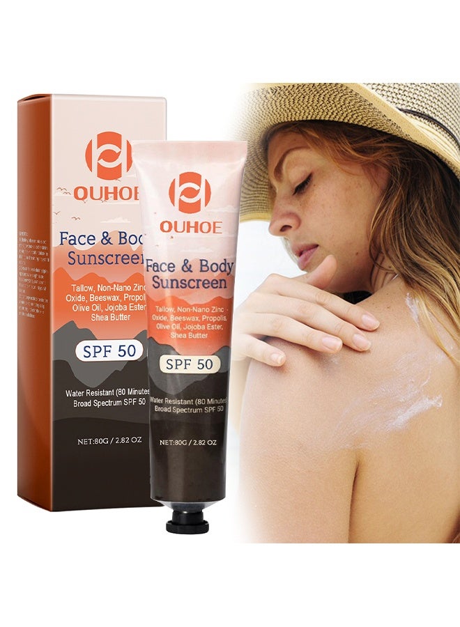 OUHOE Face & Body Suncreen,Natural Mineral Sunscreen SPF 50 - Natural Tallow & Zinc Oxide, Beef Tallow Sunscreen for Face & Body SPF 50, Moisturizing Hydrating, No Sticky, NO White Cast - Dry Oily Skincare 80g - Image 1