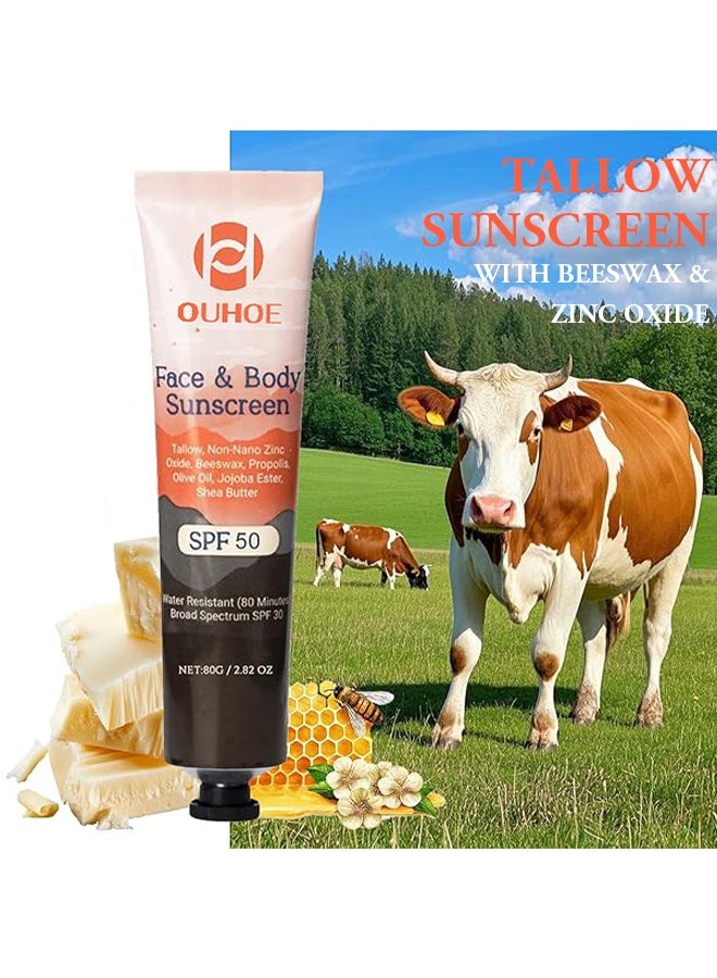 OUHOE Face & Body Suncreen,Natural Mineral Sunscreen SPF 50 - Natural Tallow & Zinc Oxide, Beef Tallow Sunscreen for Face & Body SPF 50, Moisturizing Hydrating, No Sticky, NO White Cast - Dry Oily Skincare 80g - Image 2