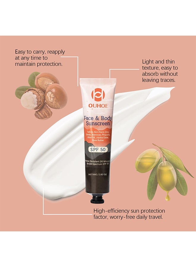 OUHOE Face & Body Suncreen,Natural Mineral Sunscreen SPF 50 - Natural Tallow & Zinc Oxide, Beef Tallow Sunscreen for Face & Body SPF 50, Moisturizing Hydrating, No Sticky, NO White Cast - Dry Oily Skincare 80g - Image 3