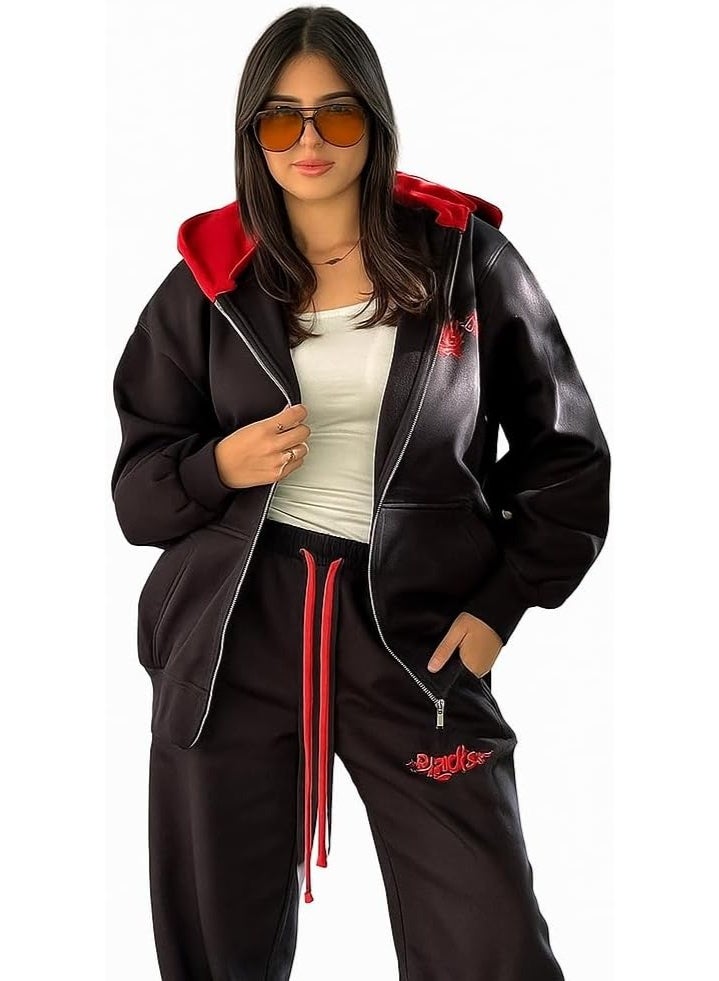 Women's Oversized Two-Piece Suit. Made from 100% soft, pill-resistant cotton Melton fabric. Luxurious casual design. Features a stylish red zip-up hoodie with lining and wide-leg pants with attractive embroidery. One size fits most, comfortably from 60 to 85 kg. - Image 3