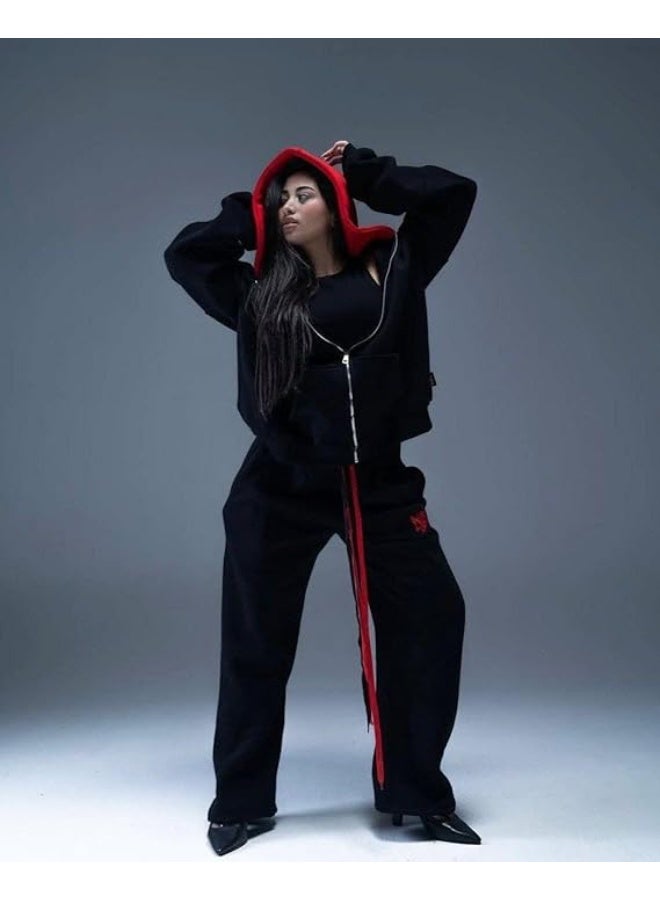 Women's Oversized Two-Piece Suit. Made from 100% soft, pill-resistant cotton Melton fabric. Luxurious casual design. Features a stylish red zip-up hoodie with lining and wide-leg pants with attractive embroidery. One size fits most, comfortably from 60 to 85 kg. - Image 1