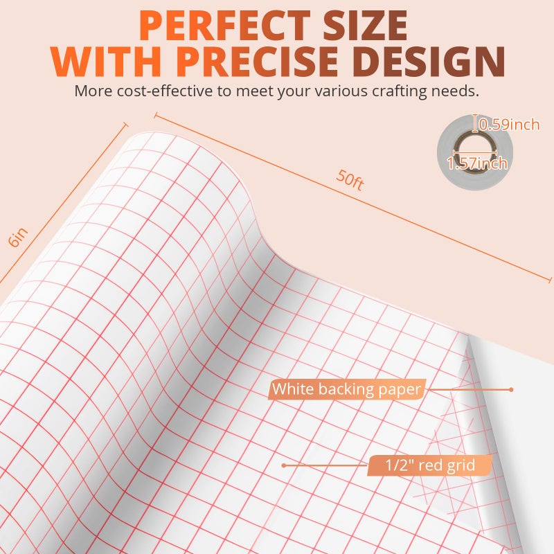 HTVRONT Clear Vinyl Transfer Paper Tape Roll 6" x 50 Feet Clear w/Red Alignment Grid - Application Transfer Tape Perfect for Self Adhesive Vinyl for Signs Stickers Decals Walls Doors & Windows - Image 2