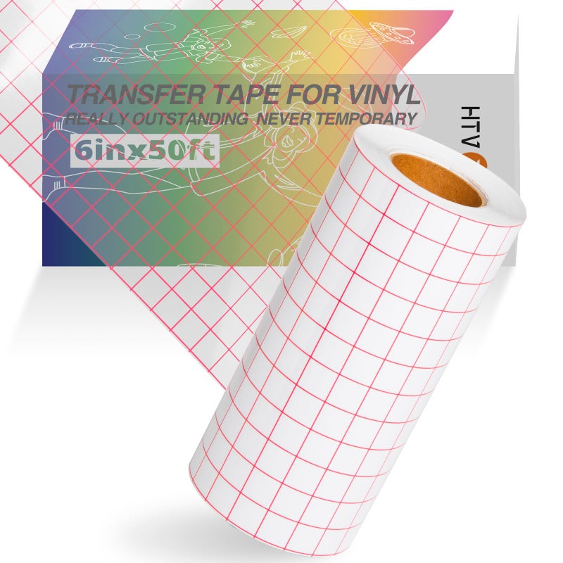 HTVRONT Clear Vinyl Transfer Paper Tape Roll 6" x 50 Feet Clear w/Red Alignment Grid - Application Transfer Tape Perfect for Self Adhesive Vinyl for Signs Stickers Decals Walls Doors & Windows - Image 1