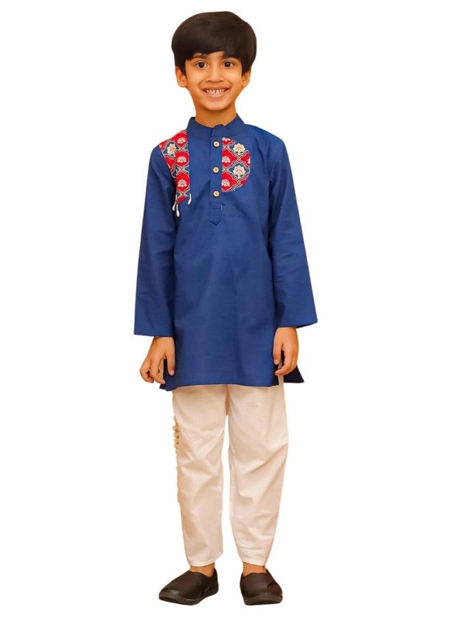 AJ Dezines طقم كورتا باجاما للأطفال من AJ DEZINES بأكمام كاملة قطنية مطبوعة باللون الأزرق للأولاد - ملابس تقليدية | مناسبة خاصة وملابس تقليدية | طقم كورتا للأولاد - مقاس عادي (1295-BLUE-7-8Y-7) - Image 1