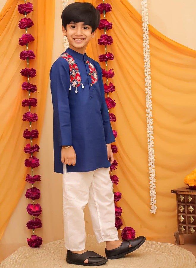 AJ Dezines طقم كورتا باجاما للأطفال من AJ DEZINES بأكمام كاملة قطنية مطبوعة باللون الأزرق للأولاد - ملابس تقليدية | مناسبة خاصة وملابس تقليدية | طقم كورتا للأولاد - مقاس عادي (1295-BLUE-7-8Y-7) - Image 5