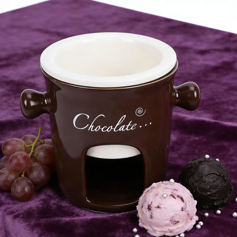Brown Ceramic Fondue Mug with Warmer Fork Set For Ice Cream Cheese Caramel - Image 4