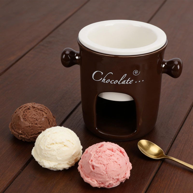 Brown Ceramic Fondue Mug with Warmer Fork Set For Ice Cream Cheese Caramel - Image 3