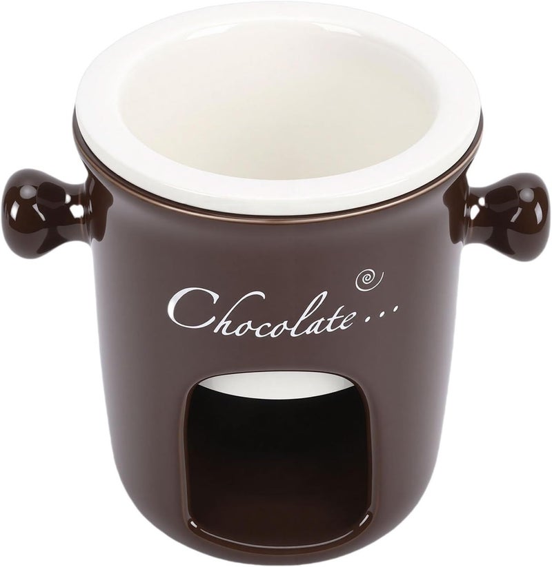 Brown Ceramic Fondue Mug with Warmer Fork Set For Ice Cream Cheese Caramel - Image 1