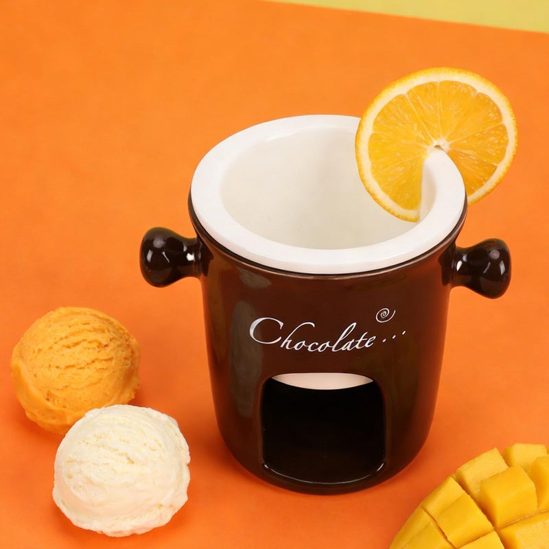 Brown Ceramic Fondue Mug with Warmer Fork Set For Ice Cream Cheese Caramel - Image 5