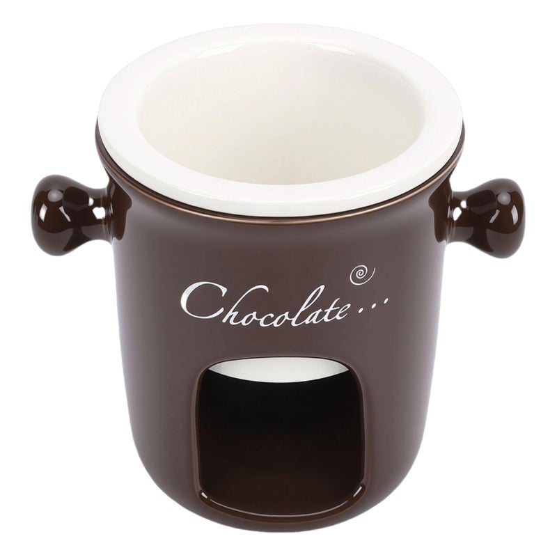 Brown Ceramic Fondue Mug with Warmer Fork Set For Ice Cream Cheese Caramel - Image 2