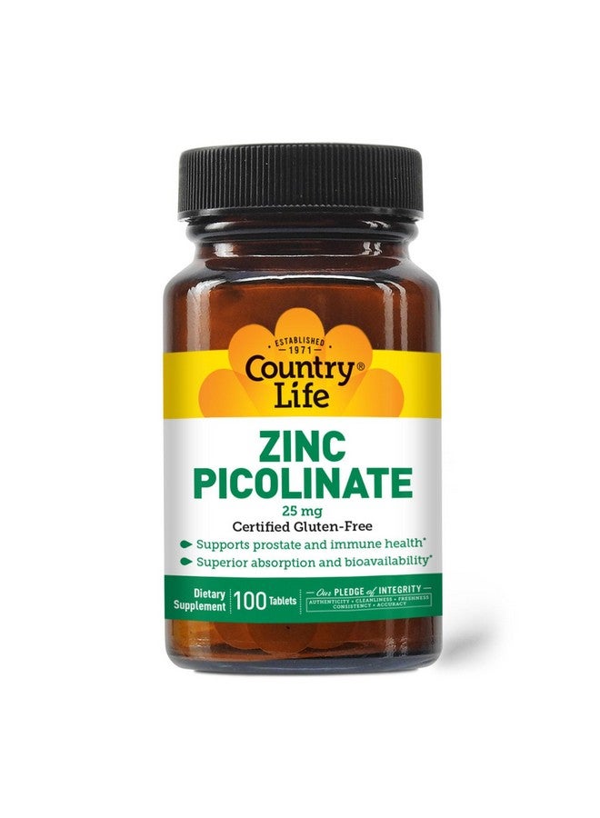 Country Life Zinc Picolinate 25 mg - Superior Absorption Zinc Supplement for Immune Support, Prostate Health & Cellular Wellness - Certified Gluten-Free, Vegan & Halal, Non-GMO - 100 Tablets - Image 1