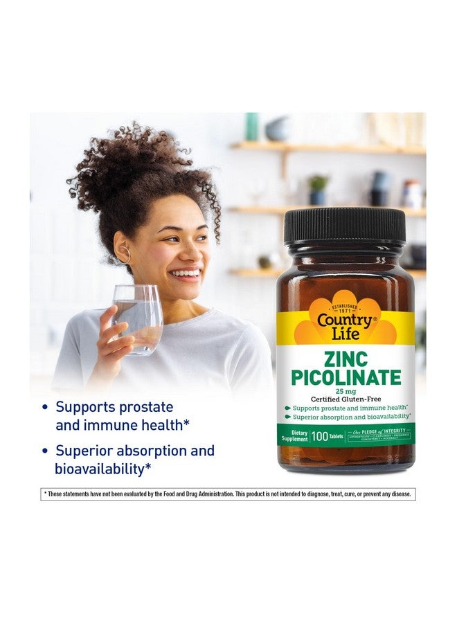 Country Life Zinc Picolinate 25 mg - Superior Absorption Zinc Supplement for Immune Support, Prostate Health & Cellular Wellness - Certified Gluten-Free, Vegan & Halal, Non-GMO - 100 Tablets - Image 2