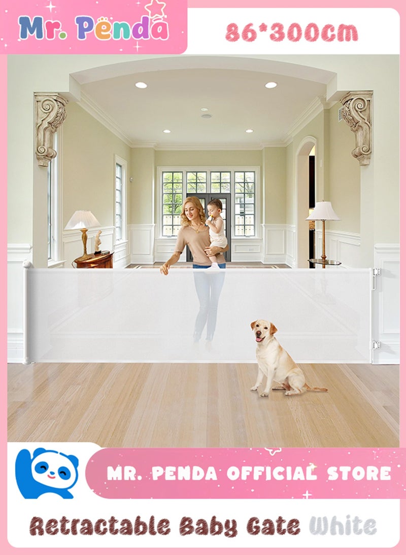 Mr. Penda Retractable Baby Gate, 300cm Extra Wide Safety Gate, 86cm Tall Mesh Panel with Auto Lock, for Doorways Stairs and Hallways for Babies and Pets (White) - Image 1