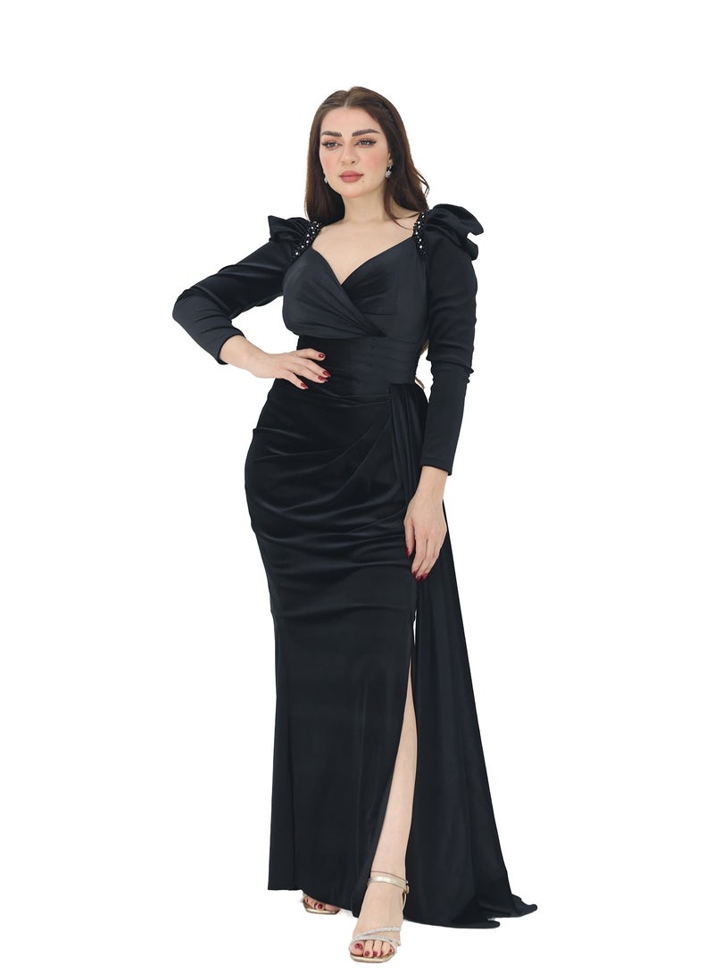 Modern Design A luxurious velvet dress with long sleeves made of velvet material. The dress features elegant hand embroidery on the shoulders. A wrap chest with an opening at the bottom of the dress with an elegant  - Image 2