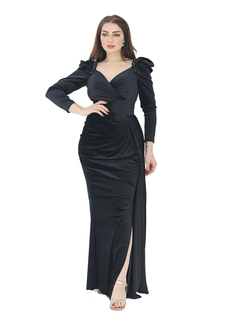 Modern Design A luxurious velvet dress with long sleeves made of velvet material. The dress features elegant hand embroidery on the shoulders. A wrap chest with an opening at the bottom of the dress with an elegant  - Image 1