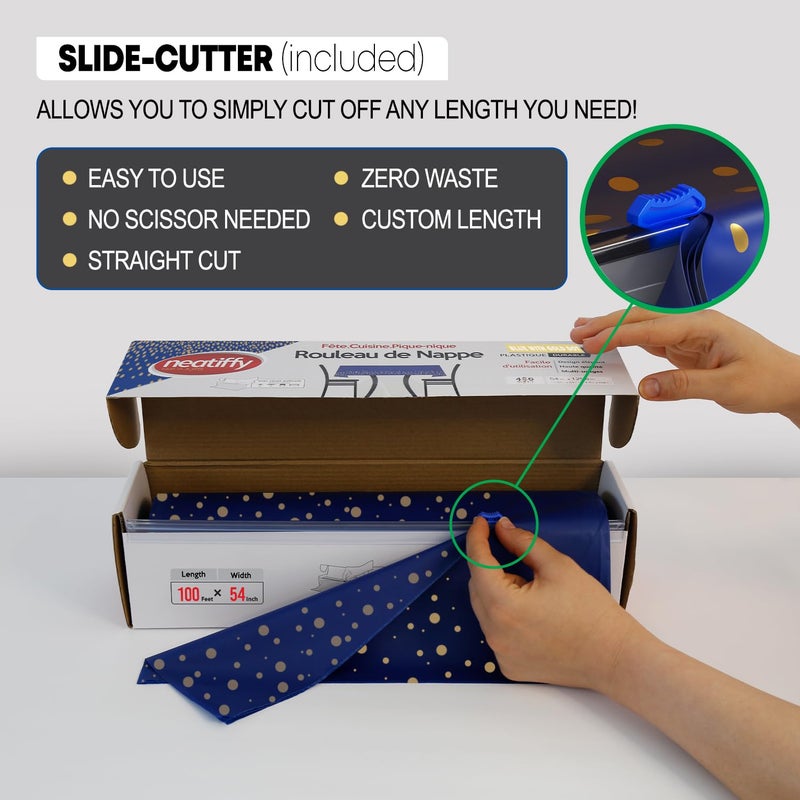 Neatiffy Disposable Plastic Table Cloth Roll with Slide Cutter | Waterproof Cover for Rectangle, Square, Oval Tables | Picnic, Party, Banquet, Birthdays, Weddings - Blue with Gold Dots - Image 2