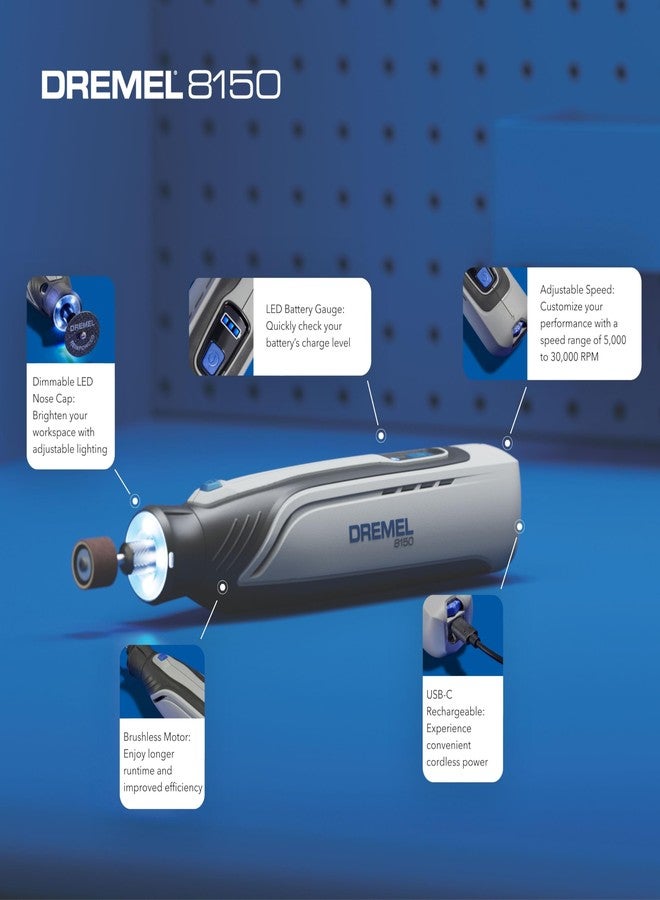 درمل مجموعة أدوات دوارة لاسلكية Dremel 8150 8 فولت مع محرك بدون فرشاة ومصباح عمل LED - سرعة متغيرة، قابلة لإعادة الشحن عبر USB-C وتتضمن 20 ملحقًا - Image 2