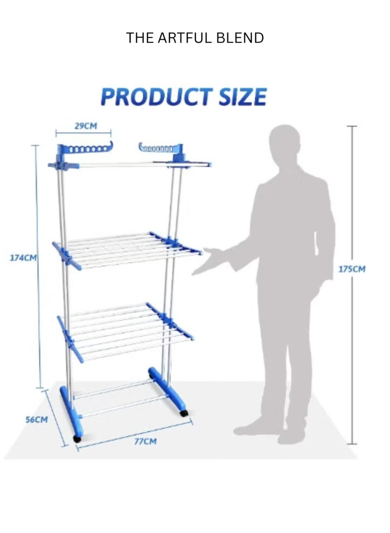 دا ارتفول بليند رف تجفيف الملابس من الفولاذ المقاوم للصدأ بثلاث طبقات، قابل للتعديل والطي، مع أجنحة جانبية للاستخدام الداخلي والخارجي، أزرق - Image 2