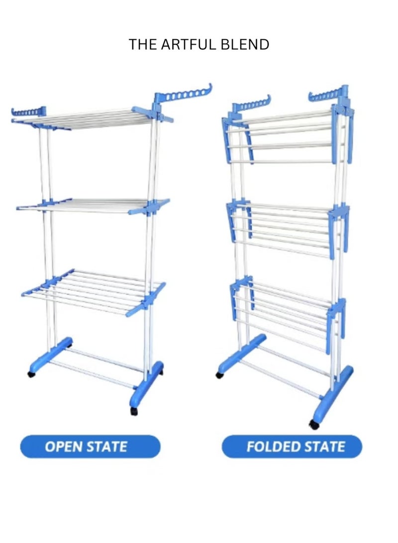 دا ارتفول بليند رف تجفيف الملابس من الفولاذ المقاوم للصدأ بثلاث طبقات، قابل للتعديل والطي، مع أجنحة جانبية للاستخدام الداخلي والخارجي، أزرق - Image 3