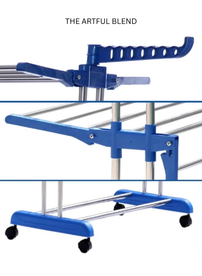 دا ارتفول بليند رف تجفيف الملابس من الفولاذ المقاوم للصدأ بثلاث طبقات، قابل للتعديل والطي، مع أجنحة جانبية للاستخدام الداخلي والخارجي، أزرق - Image 4