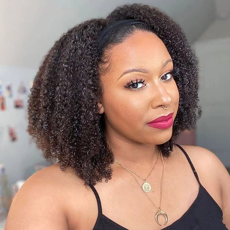 ISEE Wear and Go Mongolian Afro Kinky Curly Headband Wig Human Hair 200 Density Afro Wigs for Black Women Human Hair Natural Curls Grade 10A Glueless Human Hair Wigs 16 Inch