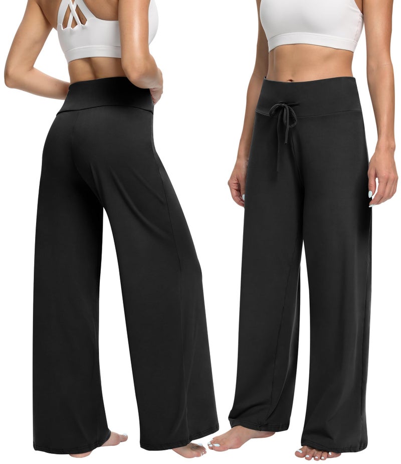 ZOOSIXX Soft Black Pajama Pants for Women, Wide Leg Comfy Casual Lounge Yoga Capri Pants 22'' / 30'' - Image 2
