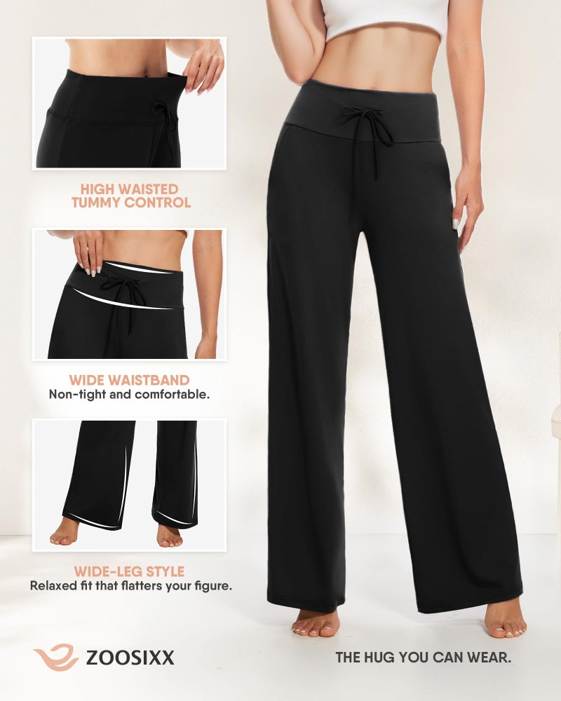 ZOOSIXX Soft Black Pajama Pants for Women, Wide Leg Comfy Casual Lounge Yoga Capri Pants 22'' / 30'' - Image 4