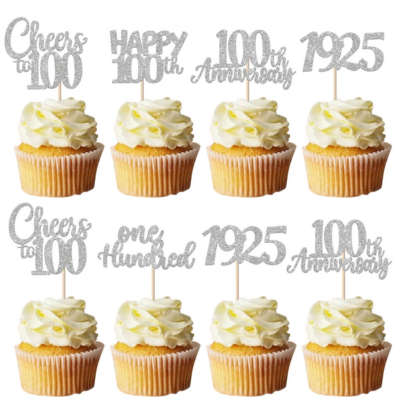 RSSTARXI 30 Pack 100th الذكرى السنوية كب كيك أعلى مائة منذ عام 1925 هتاف إلى 100 رائع كب كيك يختار ديكورزات لعيد الميلاد المائة ديكور كعكة الحفلات الفضية - Image 1