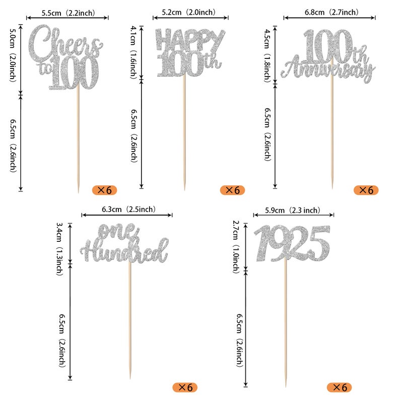 RSSTARXI 30 Pack 100th الذكرى السنوية كب كيك أعلى مائة منذ عام 1925 هتاف إلى 100 رائع كب كيك يختار ديكورزات لعيد الميلاد المائة ديكور كعكة الحفلات الفضية - Image 2