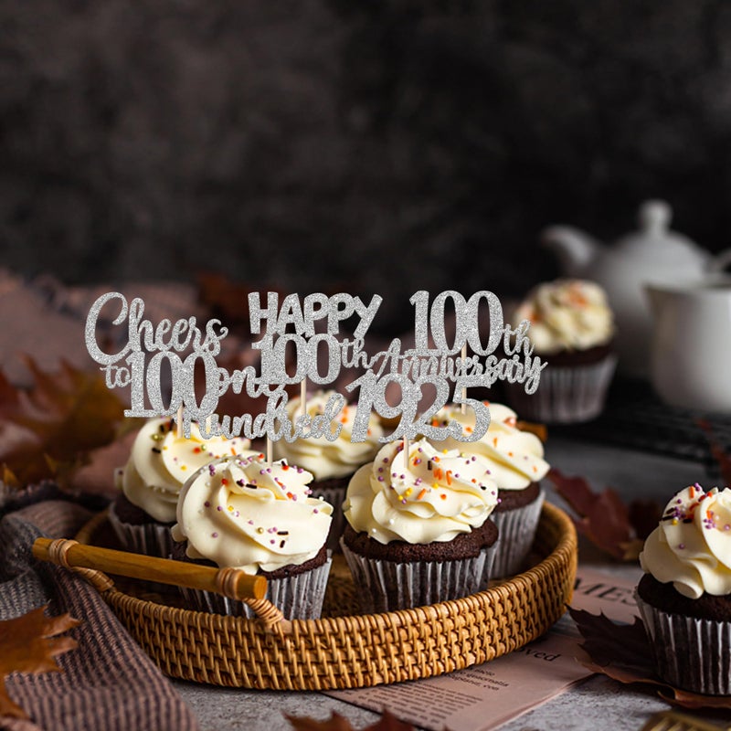 RSSTARXI 30 Pack 100th الذكرى السنوية كب كيك أعلى مائة منذ عام 1925 هتاف إلى 100 رائع كب كيك يختار ديكورزات لعيد الميلاد المائة ديكور كعكة الحفلات الفضية - Image 3