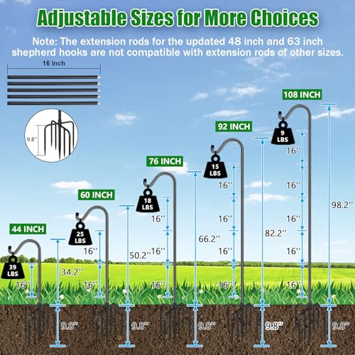 FEED GARDEN Adjustable Shepherd Hook Bird Feeder Pole with 7 Prongs Base, 108 Inch Tall 5/8 Inch Thick, Heavy Duty Outdoor Garden Poles for Hanging Bird Feeders, Plant Baskets, Black (1 Pack) - Image 2