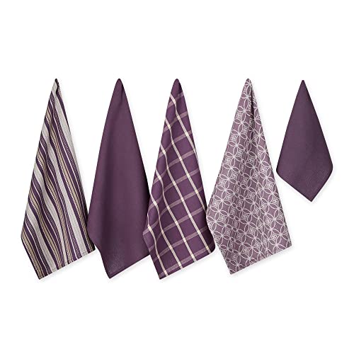 DII Assorted Woven Kitchen Set, Dishtowel, 18x28, Dishcloth, 13x13, Eggplant, 5 Piece - Image 1