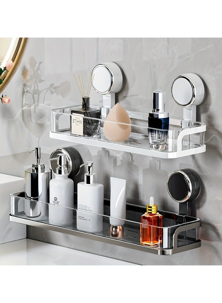 مجموعة من 2 رف تخزين متعدد الاستخدامات مثبت على الحائط بدون حفر، مثالي لتنظيم الحمام والمطبخ، رف تخزين، حامل دش، رف موفر للمساحة مناسب لتنظيم العناصر اليومية، هدية رائعة لافتتاح منزل جديد، باللونين الأبيض والأسود - Image 2