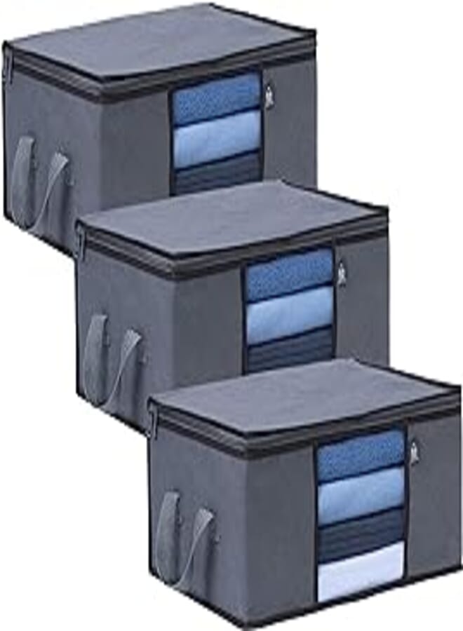 VENO 3 Pack Medium Clothes Storage Bag Organizer w/Handles and Zip, For Comforters Blankets Bedding Towels, Closet Storage, Clear Window Panel, Foldable, Reusable and Sustainable (36 Liters)