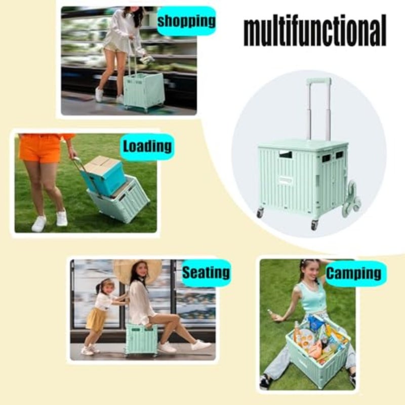 Foldable Utility Cart with Stair Climbing Wheels with 2 Eco - Friendly Bags, Collapsible Rolling Crate with Telescoping Handle, Shopping Trolle Handcart Grocery Book File Tool Art Supplies Teacher Sto - Image 3