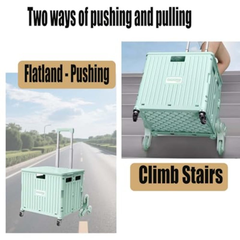 Foldable Utility Cart with Stair Climbing Wheels with 2 Eco - Friendly Bags, Collapsible Rolling Crate with Telescoping Handle, Shopping Trolle Handcart Grocery Book File Tool Art Supplies Teacher Sto - Image 4