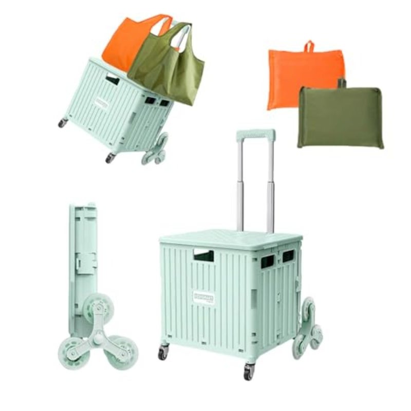 Foldable Utility Cart with Stair Climbing Wheels with 2 Eco - Friendly Bags, Collapsible Rolling Crate with Telescoping Handle, Shopping Trolle Handcart Grocery Book File Tool Art Supplies Teacher Sto - Image 1