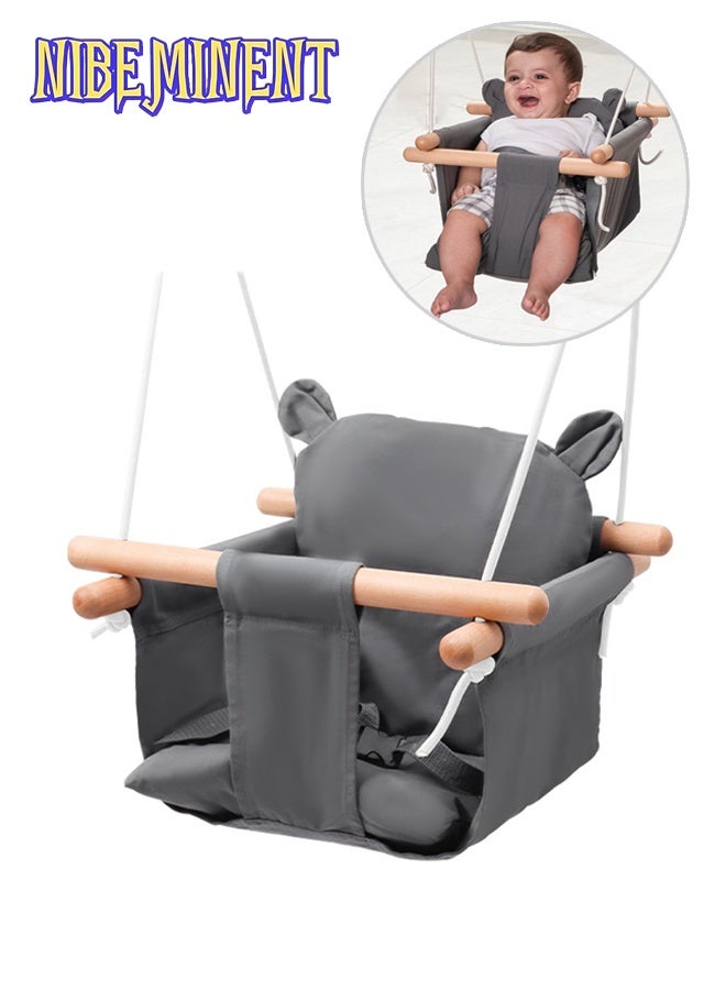 NIBEMINENT Secure Baby Swing Seat with Safety Belt - Baby Canvas and Wooden Swing Chair with Ear Décor Cushion - Hanging Indoor Swing for Infants & Baby Swing Outdoor - Tree Toddler Swing for Backyard Outside - Image 1