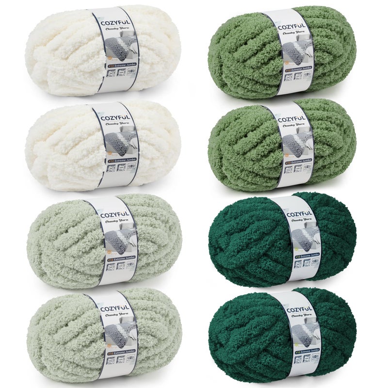 Cozyful Chunky Yarn for Hand Knitting - #10 Chunky Chenille Yarn, Jumbo Big Thick Chunky Yarns for Crocheting, Super Bulky Chunky Knit Blanket Yarns, 8 Skein (25yd, 8oz/Skein), Cream & Multi Green - Image 1