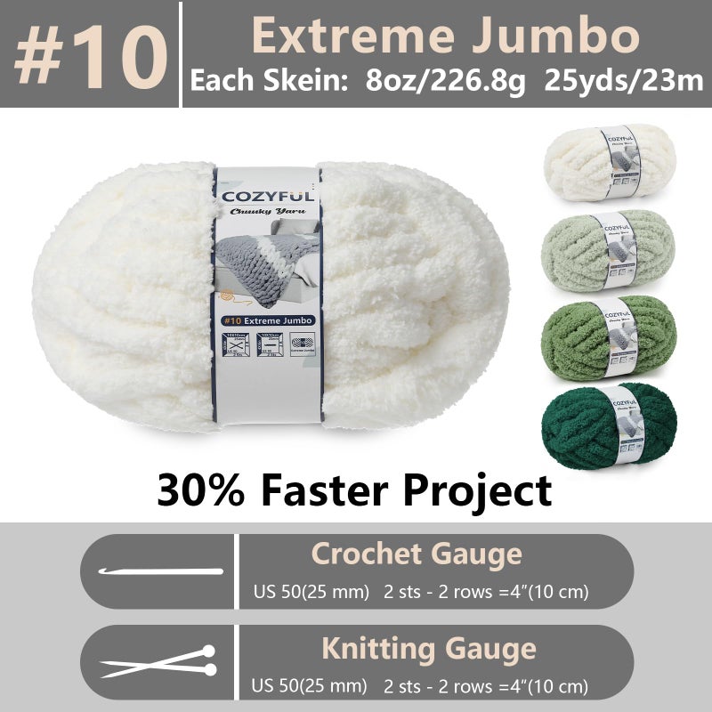 Cozyful Chunky Yarn for Hand Knitting - #10 Chunky Chenille Yarn, Jumbo Big Thick Chunky Yarns for Crocheting, Super Bulky Chunky Knit Blanket Yarns, 8 Skein (25yd, 8oz/Skein), Cream & Multi Green - Image 2