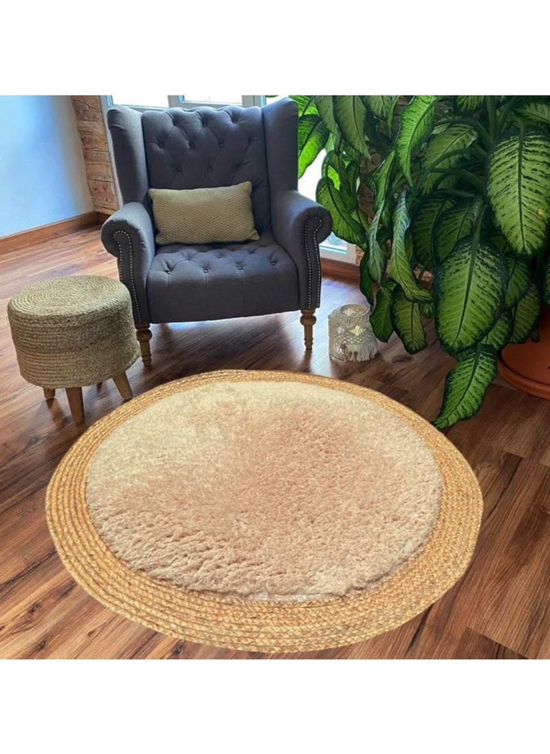 LINGWEI Round Jute Rug Carpet Floor Mate with Febric Furr Area Rug Carpet  - Image 1