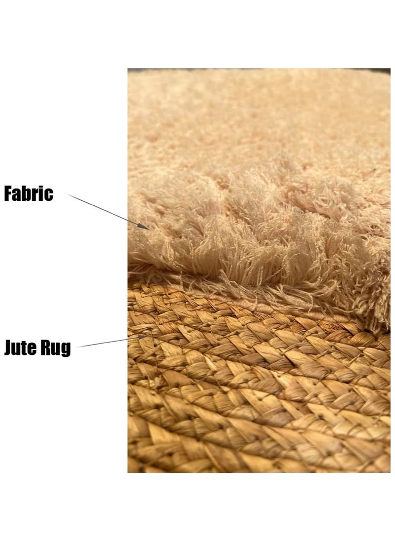 LINGWEI Round Jute Rug Carpet Floor Mate with Febric Furr Area Rug Carpet  - Image 5