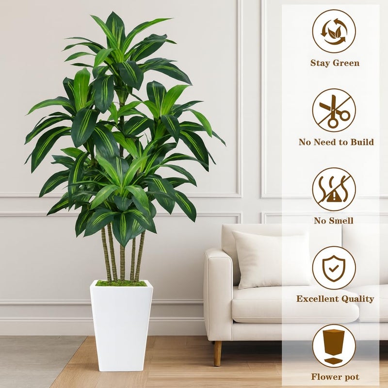 Flydeer 7FT Artificial Dracaena Tree, Fake Tree Indoor with White Tall Planter, Tall Artificial Plants Indoor, Artificial Silk Tree for Home Office Decor Plants Indoor Outdoor (White) - Image 2