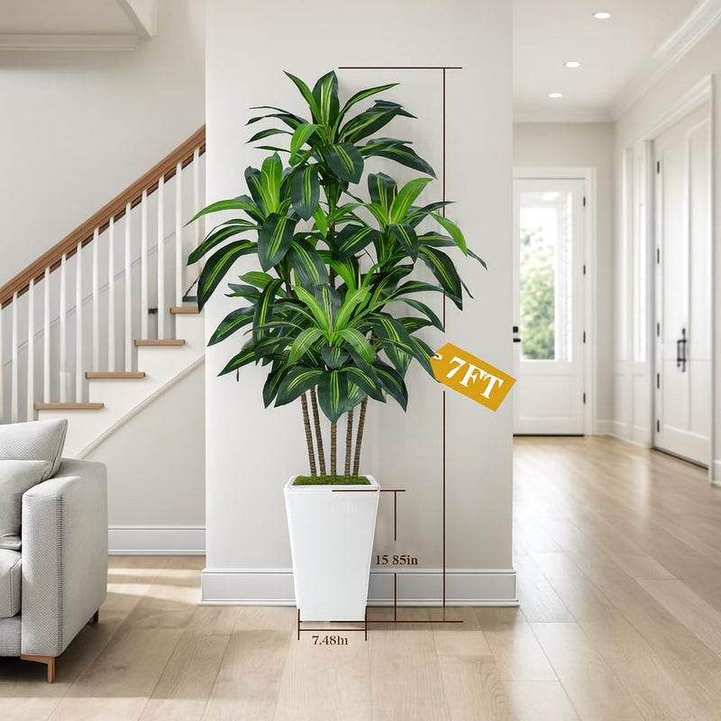 Flydeer 7FT Artificial Dracaena Tree, Fake Tree Indoor with White Tall Planter, Tall Artificial Plants Indoor, Artificial Silk Tree for Home Office Decor Plants Indoor Outdoor (White) - Image 3